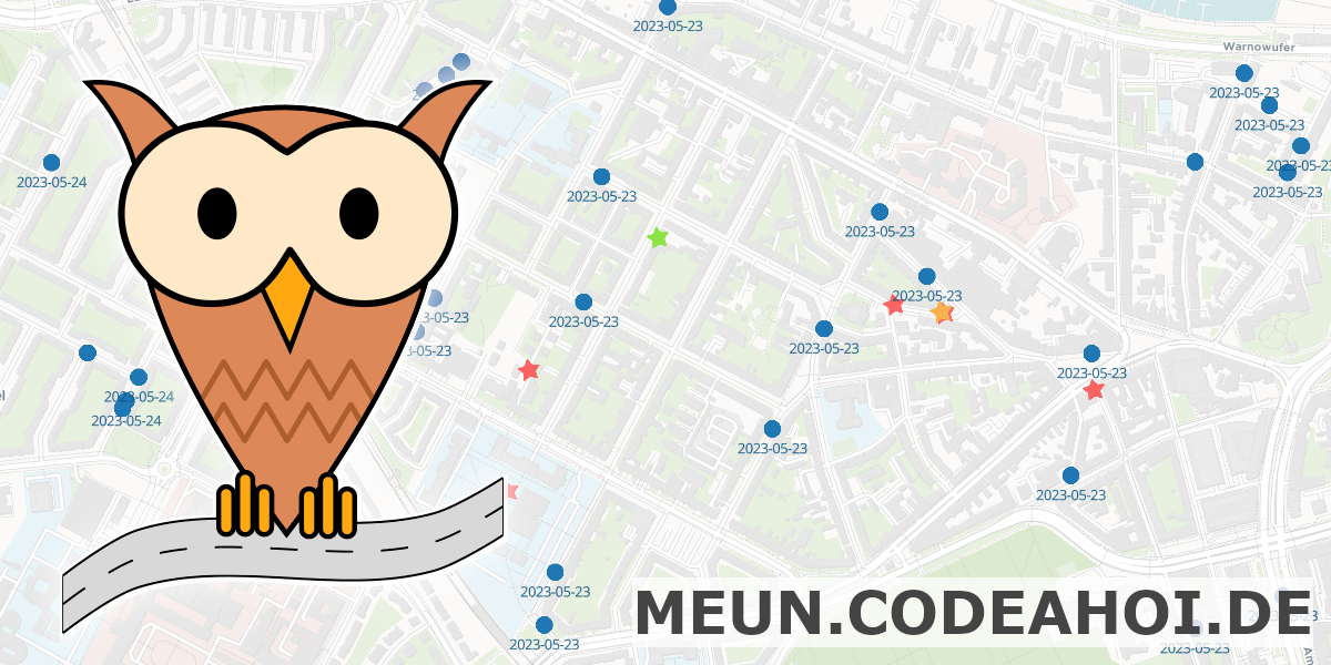A logo of MEUN: an owl sitting on a street with the MEUN map in the background.